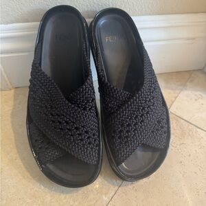 Fendi Black Woven Sandals-Raffia Rubber FF Woven Reflections Crisscross Slide